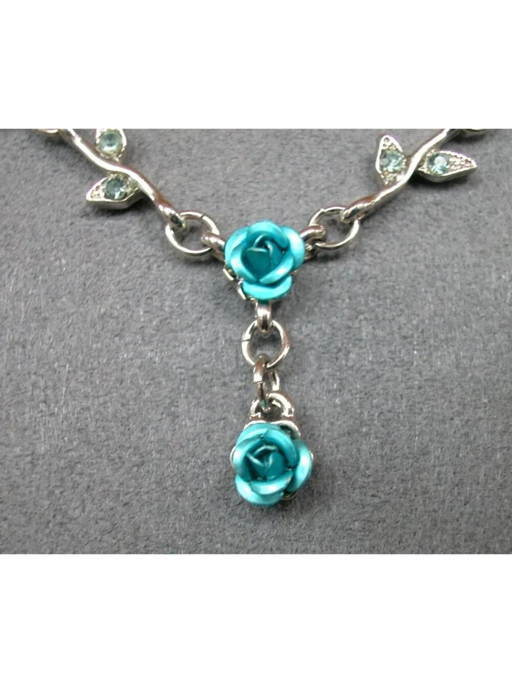 Aqua-Blue Rose & Crystal Leaf Floral Necklace